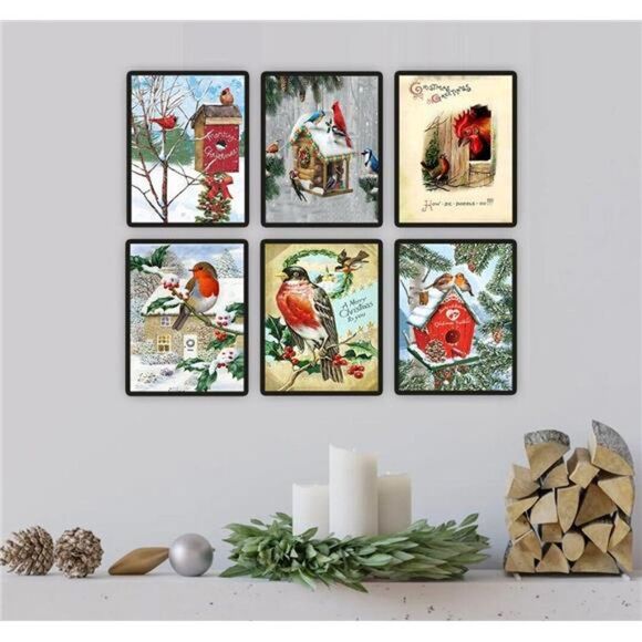 Christmas Decorations Birds Fowl December Country Holiday Wall Art 6 Prints - Picture 1 of 8